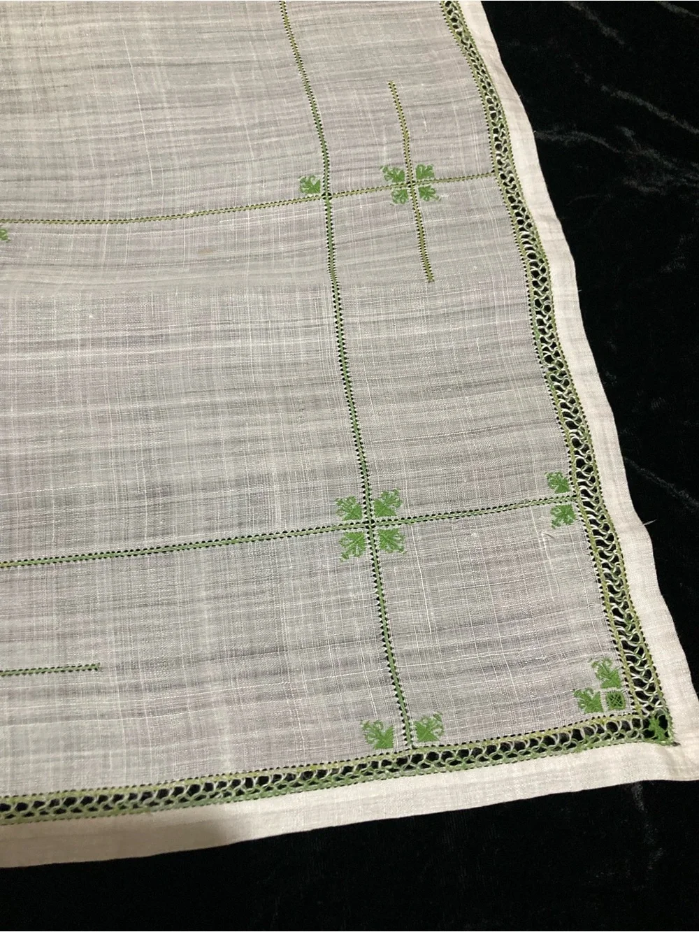 Vintage Embroidered Sheer  White Linen Tablecloth with Green Accents 33” square
